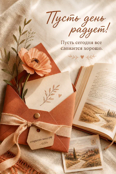 Терракотовый конверт с запиской и персиковым маком рядом с открытой книгой и фотографией пейзажа, надпись «Пусть день радует»