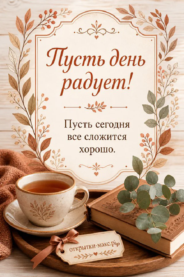 Терракотовый конверт с запиской и персиковым маком рядом с открытой книгой и фотографией пейзажа, надпись «Пусть день радует» — вариант 2