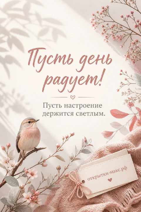 Маленькая птичка на ветке с розовыми цветами рядом с тёплым розовым пледом