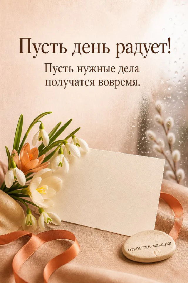 Букет розовых роз рядом с чашкой чая и открытым блокнотом с надписью Пусть день радует — вариант 2