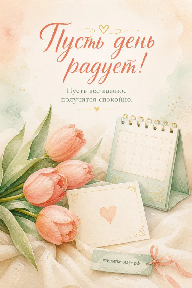 Акварельная открытка с розовыми тюльпанами и чашкой кофе на светлом фоне — вариант 2