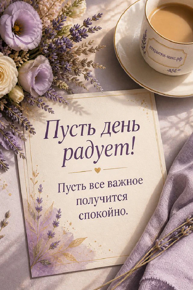 Акварельная открытка с розовыми тюльпанами и чашкой кофе на светлом фоне — вариант 5