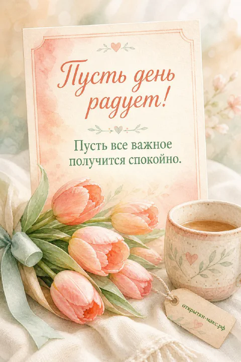 Акварельная открытка с розовыми тюльпанами и чашкой кофе на светлом фоне