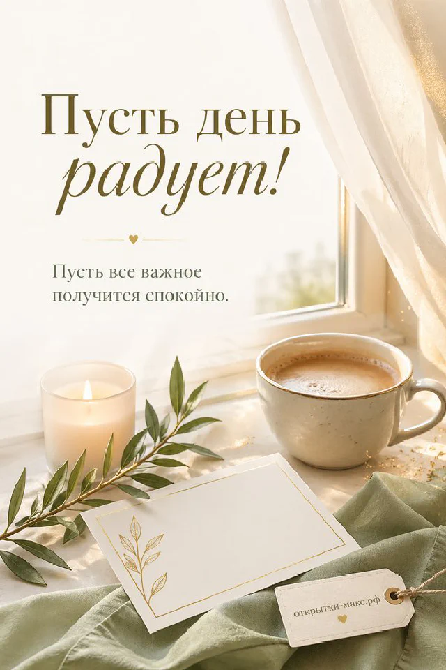Акварельная открытка с розовыми тюльпанами и чашкой кофе на светлом фоне — вариант 4