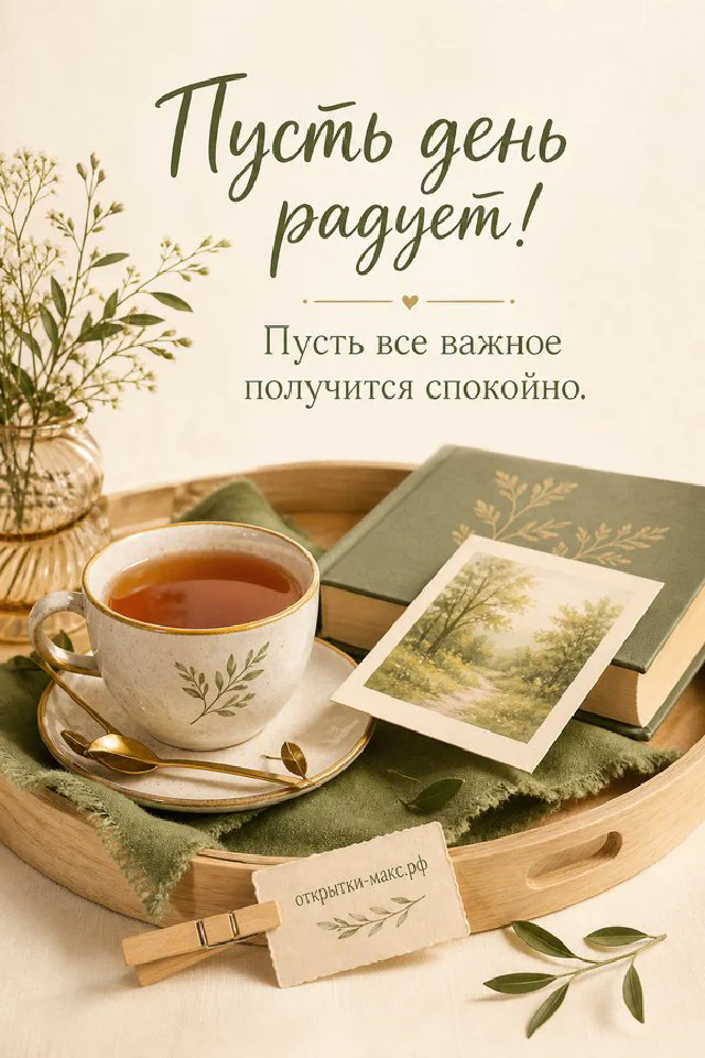 Акварельная открытка с розовыми тюльпанами и чашкой кофе на светлом фоне — вариант 8