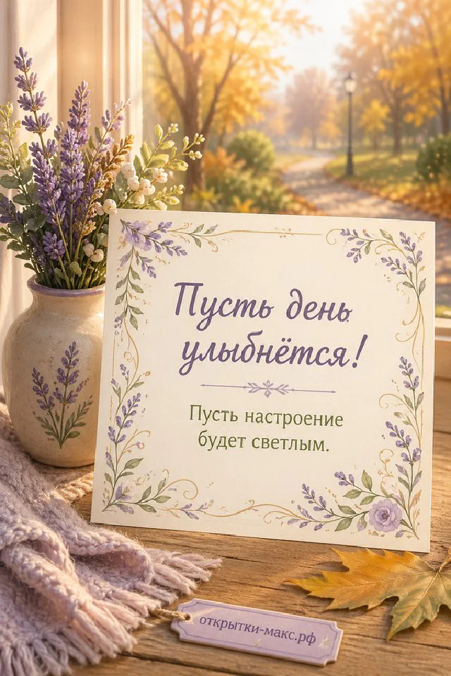 Чашка чая с золотым цветком лотоса, печеньем и подарком в зелёной ленте с надписью Пусть день улыбнётся — вариант 4