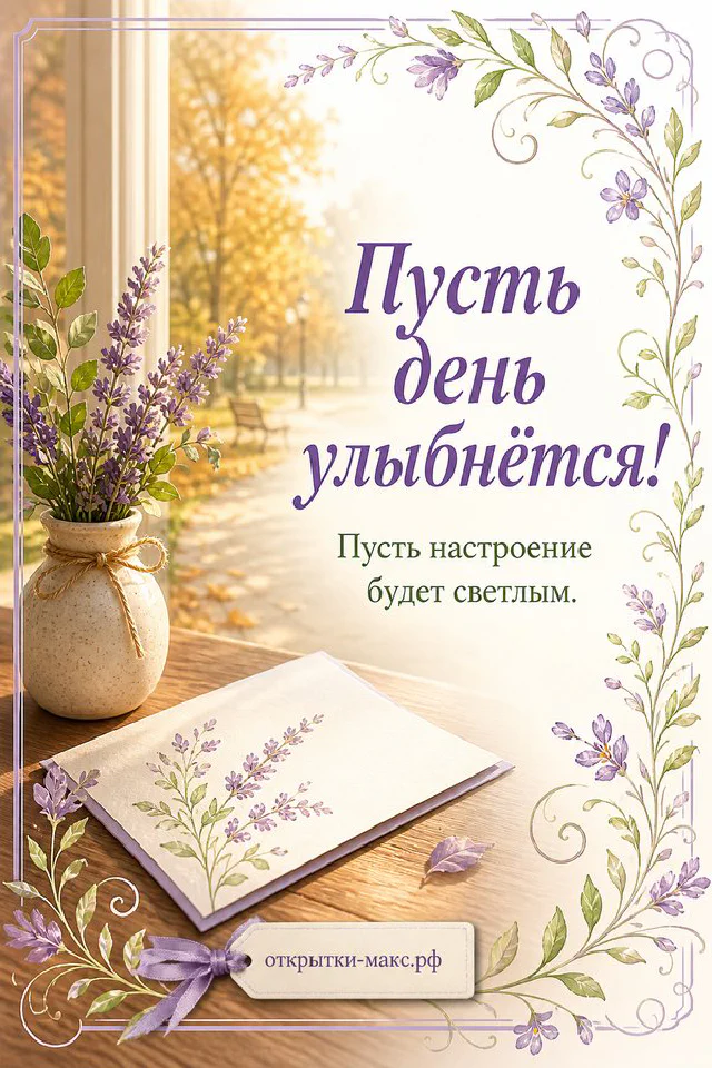 Чашка чая с золотым цветком лотоса, печеньем и подарком в зелёной ленте с надписью Пусть день улыбнётся — вариант 2