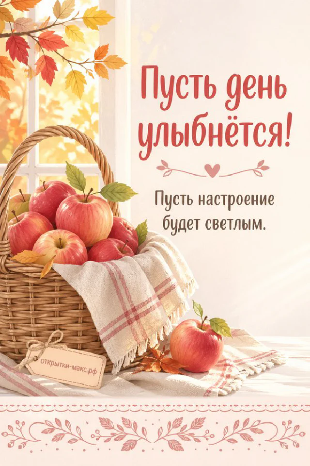 Чашка чая с золотым цветком лотоса, печеньем и подарком в зелёной ленте с надписью Пусть день улыбнётся — вариант 3