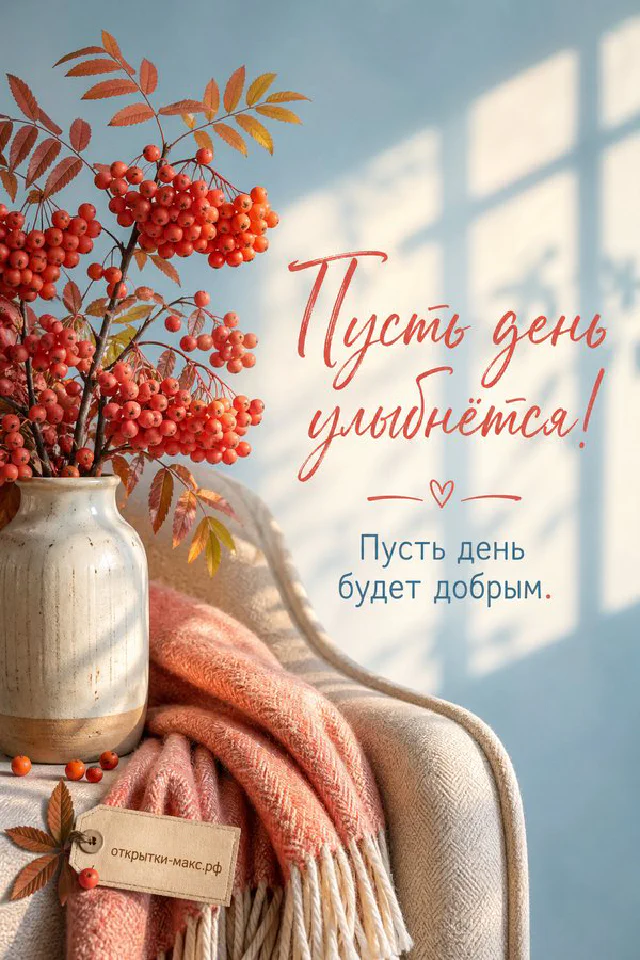 Белая чашка чая с голубым бантиком среди розовых и белых цветов в кружевной рамке, надпись «Пусть день улыбнётся» — вариант 2