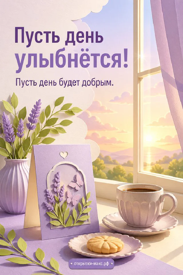 Белая чашка чая с голубым бантиком среди розовых и белых цветов в кружевной рамке, надпись «Пусть день улыбнётся» — вариант 3