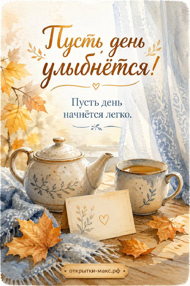 Белый рваный листок с надписью «Пусть день улыбнётся» и ветка эвкалипта на лавандово-сером фоне с каплями воды — вариант 2
