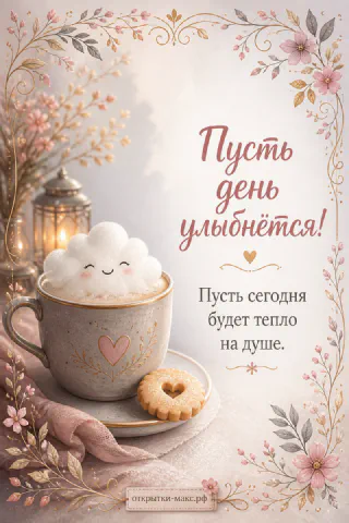Кружка капучино с улыбающимся облачком из пены, сердечным печеньем и розовыми цветами с надписью Пусть день улыбнётся
