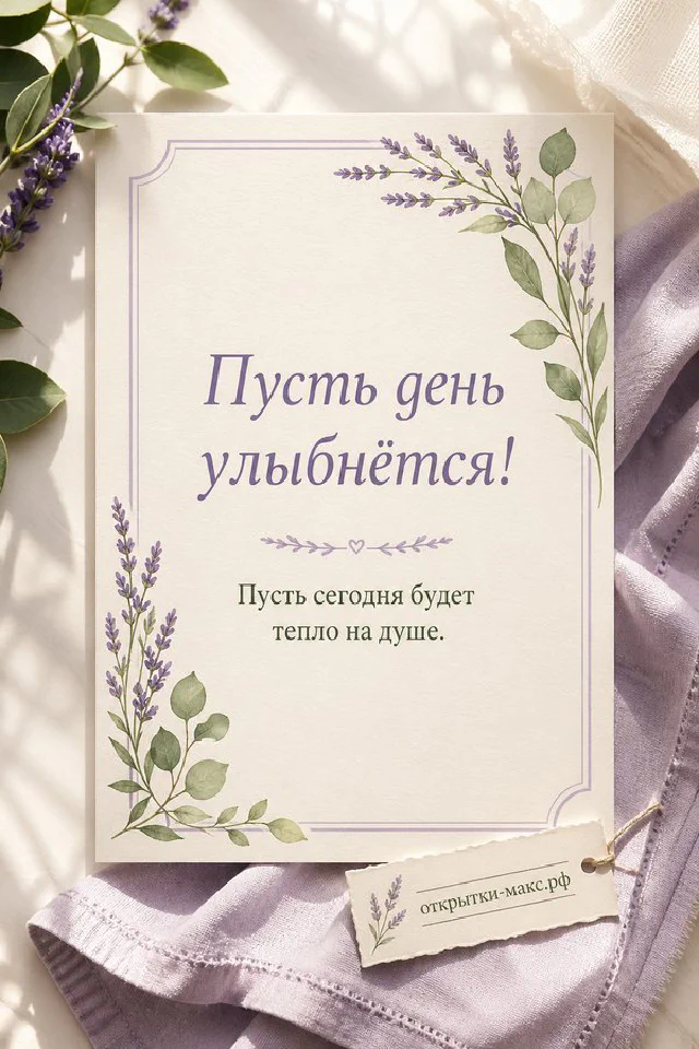 Кружка капучино с улыбающимся облачком из пены, сердечным печеньем и розовыми цветами с надписью Пусть день улыбнётся — вариант 2