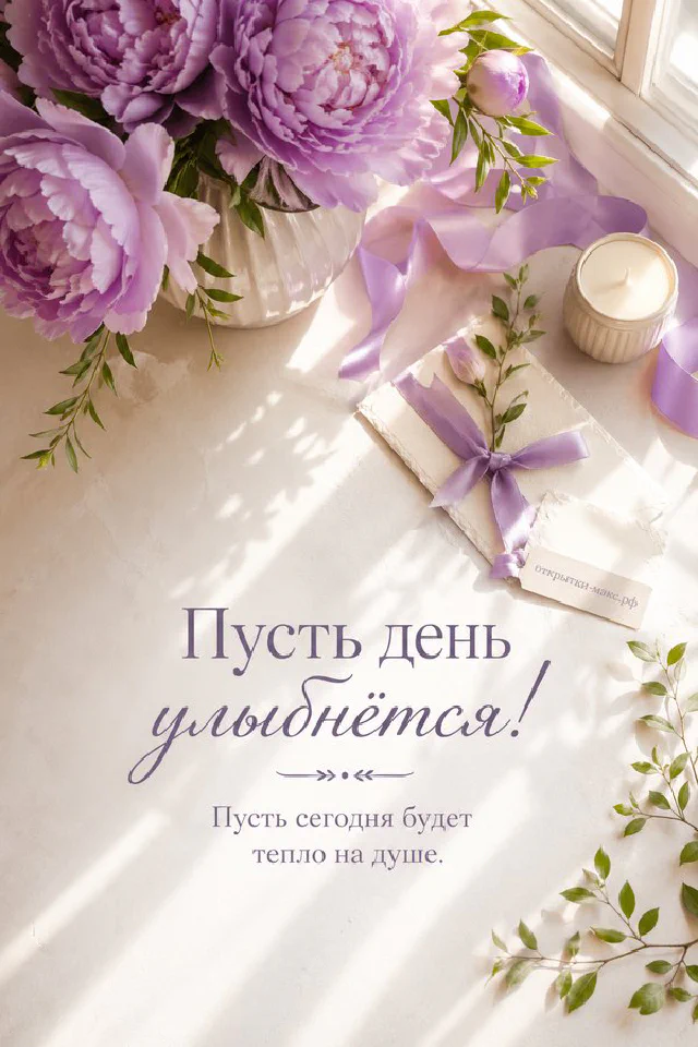 Кружка капучино с улыбающимся облачком из пены, сердечным печеньем и розовыми цветами с надписью Пусть день улыбнётся — вариант 3