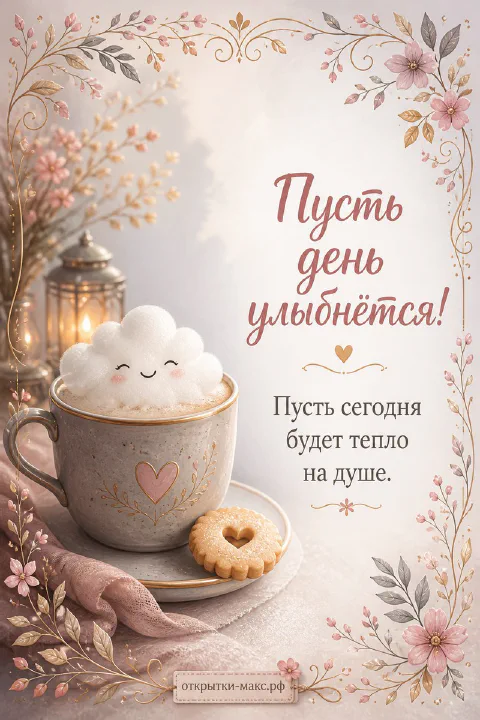 Кружка капучино с улыбающимся облачком из пены, сердечным печеньем и розовыми цветами с надписью Пусть день улыбнётся