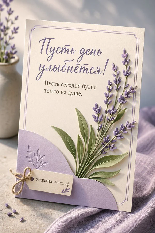 Кружка капучино с улыбающимся облачком из пены, сердечным печеньем и розовыми цветами с надписью Пусть день улыбнётся — вариант 4