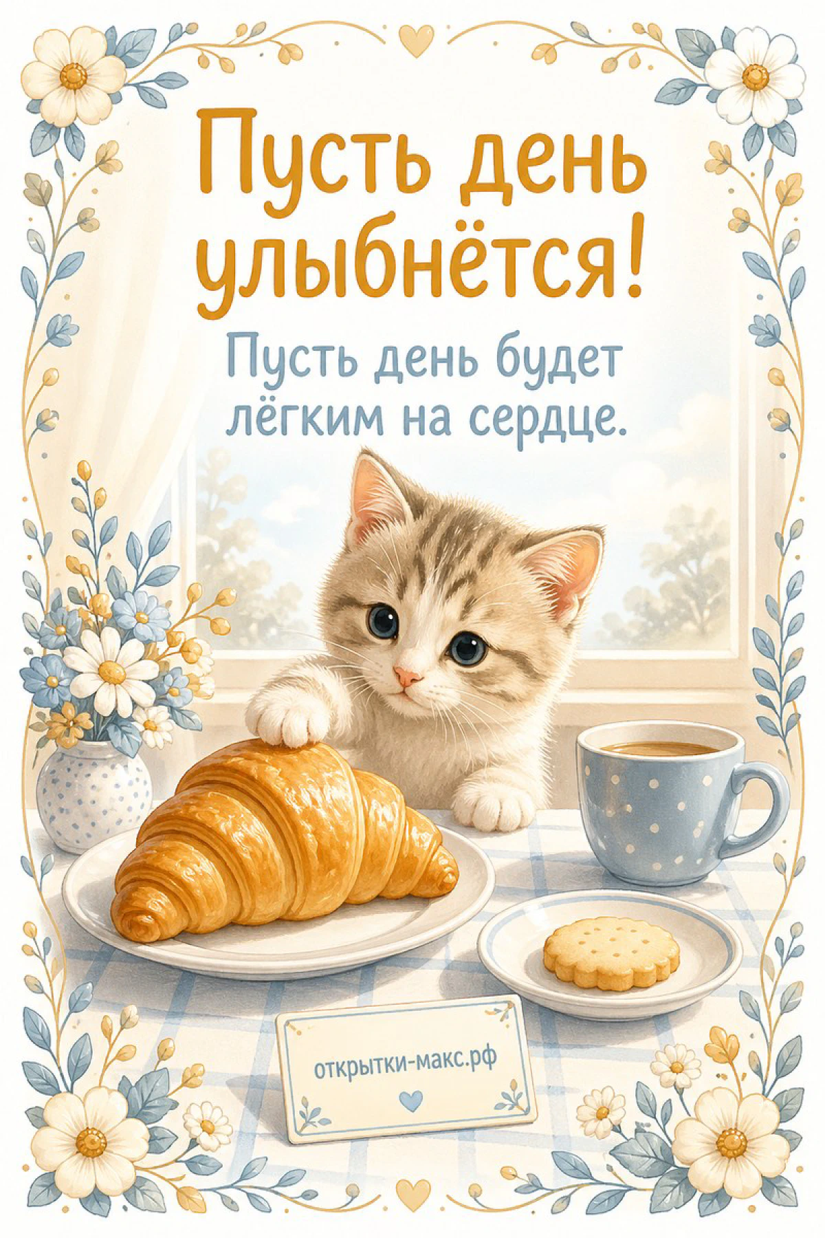 Пушистый котёнок тянется лапой к круассану на тарелке, рядом чашка чая и печенье