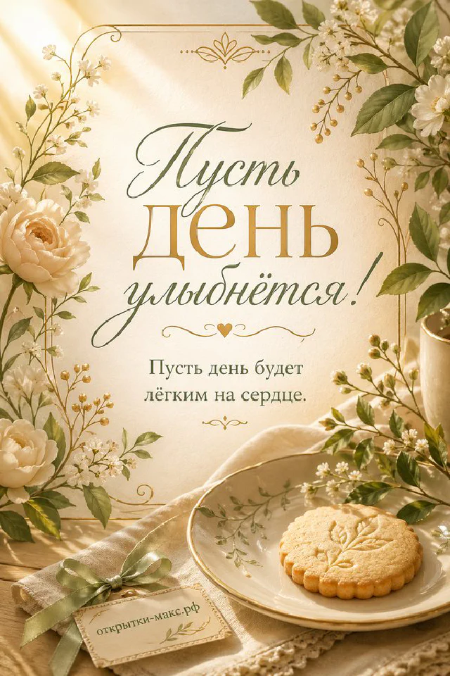Пушистый котёнок тянется лапой к круассану на тарелке, рядом чашка чая и печенье — вариант 2