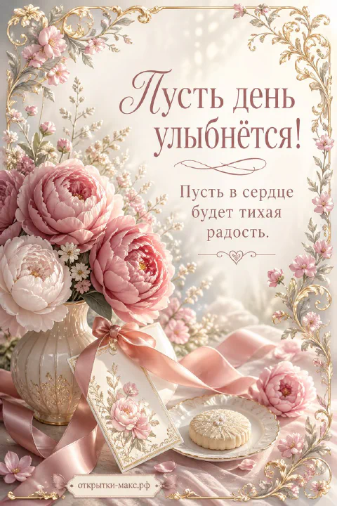 Пышные розовые пионы в золочёной белой вазе с розовой лентой и печеньем