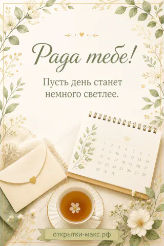 Чашка чая с конвертом и настольным календарём в зелёном обрамлении листьев с надписью «Рада тебе»