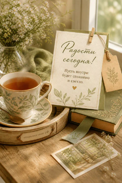 Чашка чая с ромашкой на деревянном столе рядом с книгой и открыткой на прищепке
