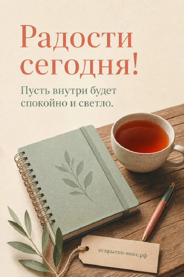 Чашка чая с ромашкой на деревянном столе рядом с книгой и открыткой на прищепке — вариант 2