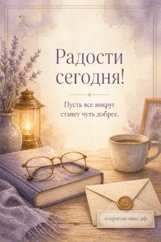 Кофейная чашка, книга с очками и фонарь в лавандовых тонах с надписью «Радости сегодня»