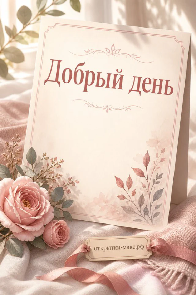 Карточка с каллиграфической надписью Добрый день, роза и сухоцветы на кремовой шёлковой ткани — вариант 3