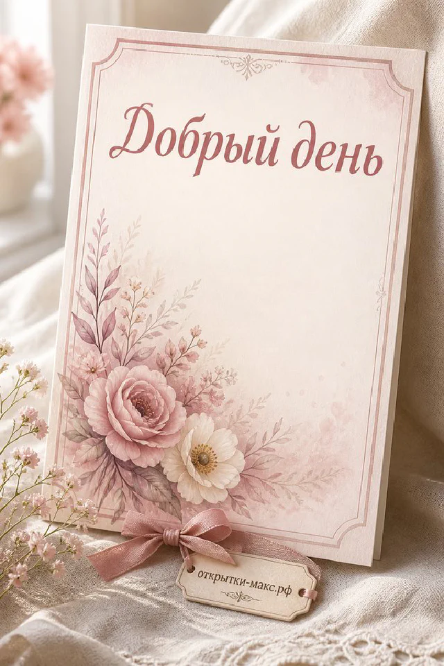 Карточка с каллиграфической надписью Добрый день, роза и сухоцветы на кремовой шёлковой ткани — вариант 4