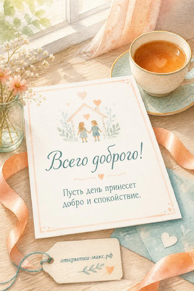 Бумажная открытка с розовыми и белыми цветами, рядом голубой конверт с атласной лентой — вариант 7