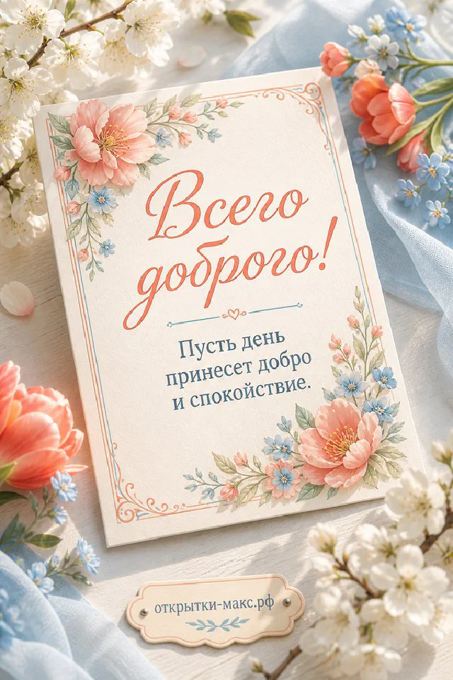 Бумажная открытка с розовыми и белыми цветами, рядом голубой конверт с атласной лентой — вариант 2