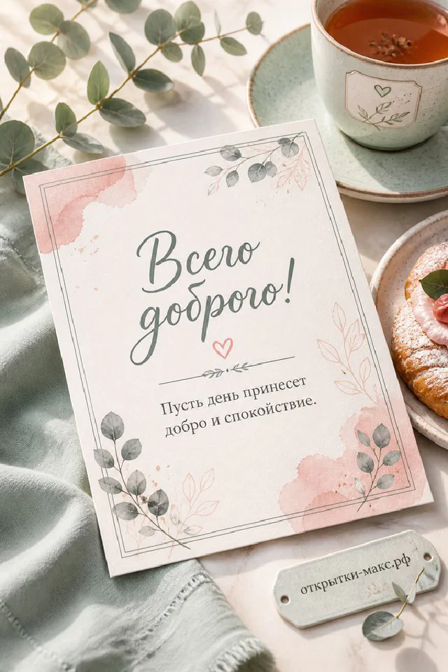 Бумажная открытка с розовыми и белыми цветами, рядом голубой конверт с атласной лентой — вариант 4