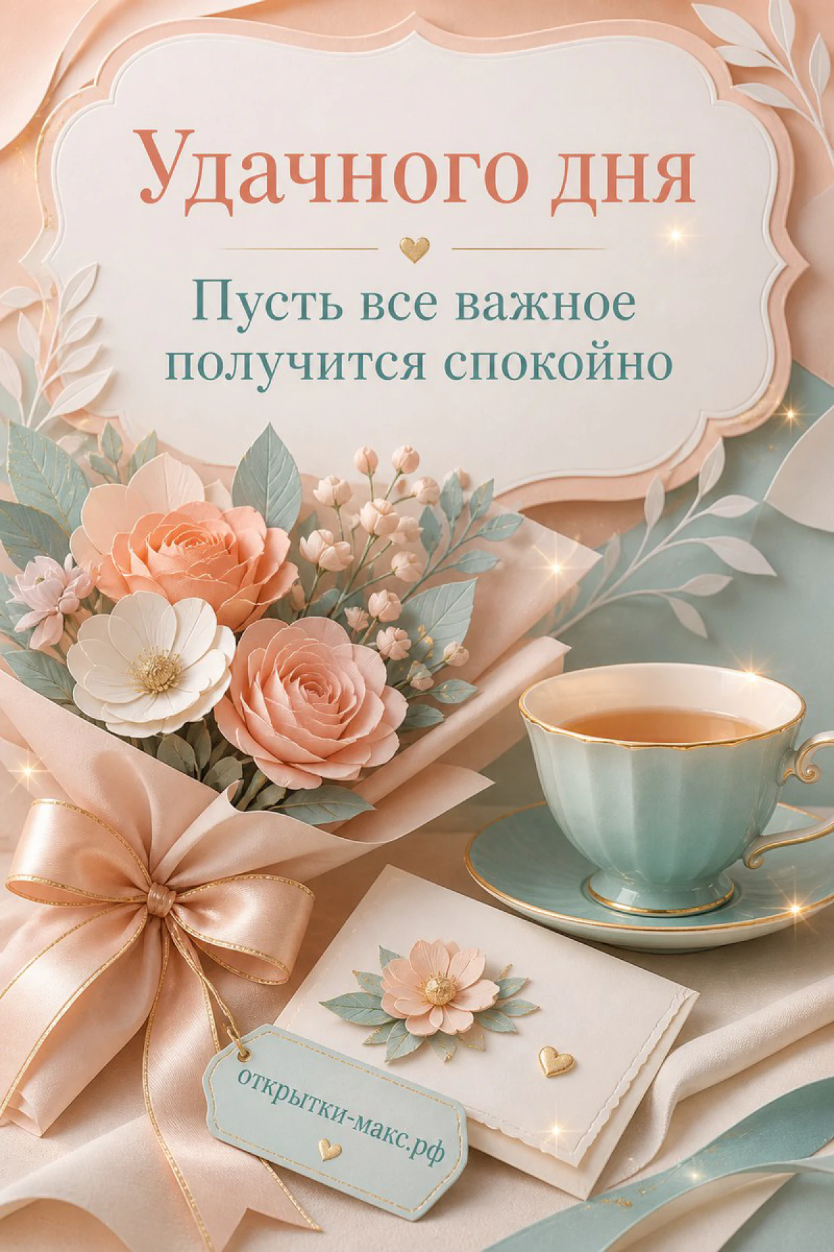 Открытка с букетом персиковых роз, бирюзовой чашкой чая и белым конвертом с сердечком на розовом фоне