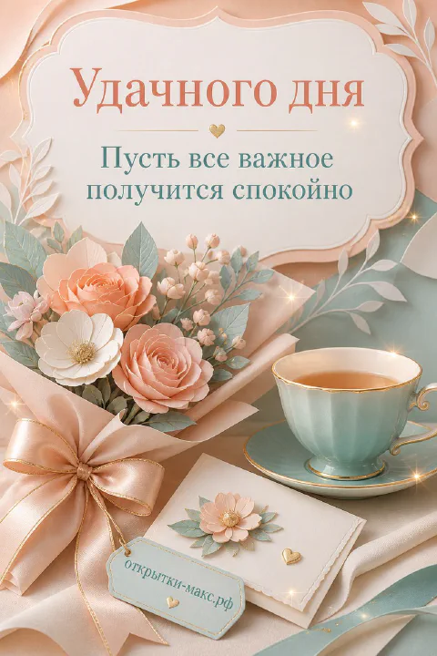 Открытка с букетом персиковых роз, бирюзовой чашкой чая и белым конвертом с сердечком на розовом фоне