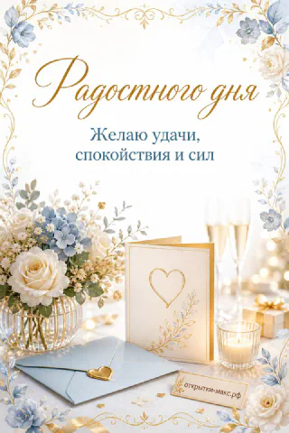 Букет белых роз и голубых цветов рядом с бокалами шампанского и горящей свечой с надписью «Радостного дня»