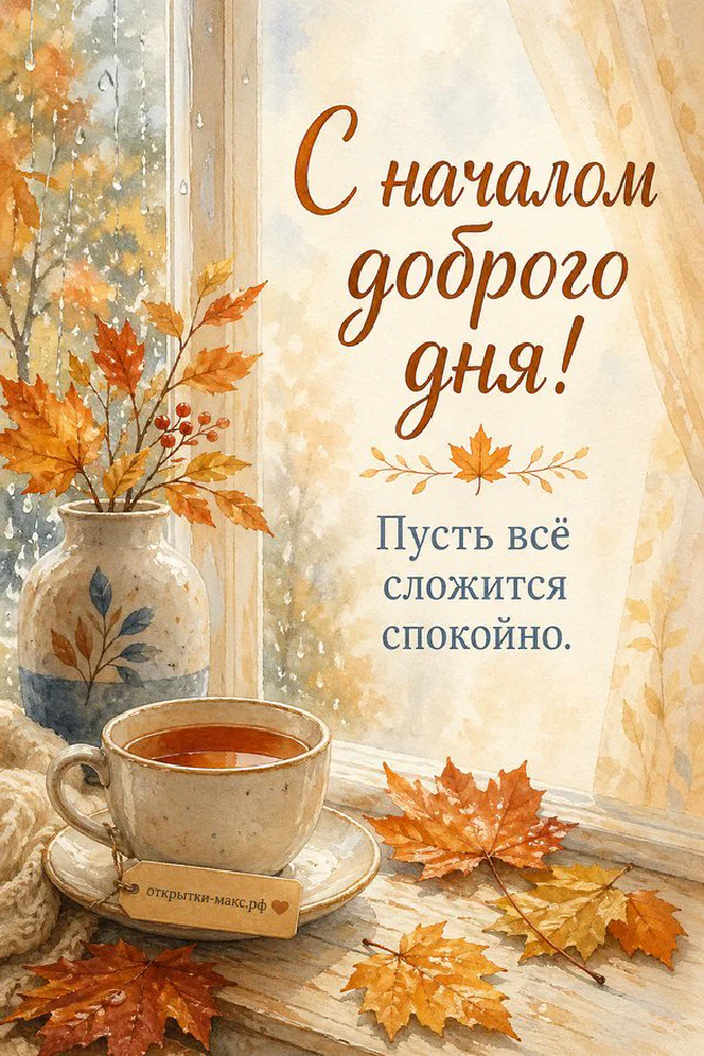 Чашка чая на подоконнике с дождём за стеклом, кленовыми листьями и свечой с надписью С началом доброго дня — вариант 2