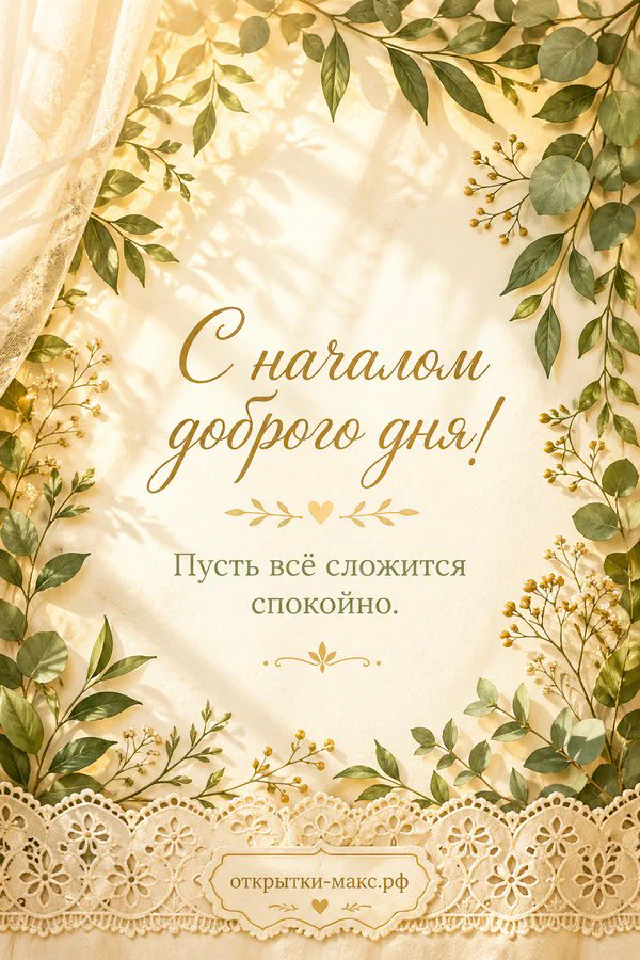 Чашка чая на подоконнике с дождём за стеклом, кленовыми листьями и свечой с надписью С началом доброго дня — вариант 4