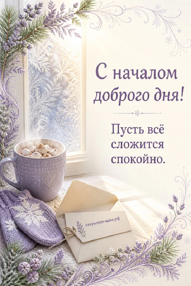 Чашка чая на подоконнике с дождём за стеклом, кленовыми листьями и свечой с надписью С началом доброго дня — вариант 3