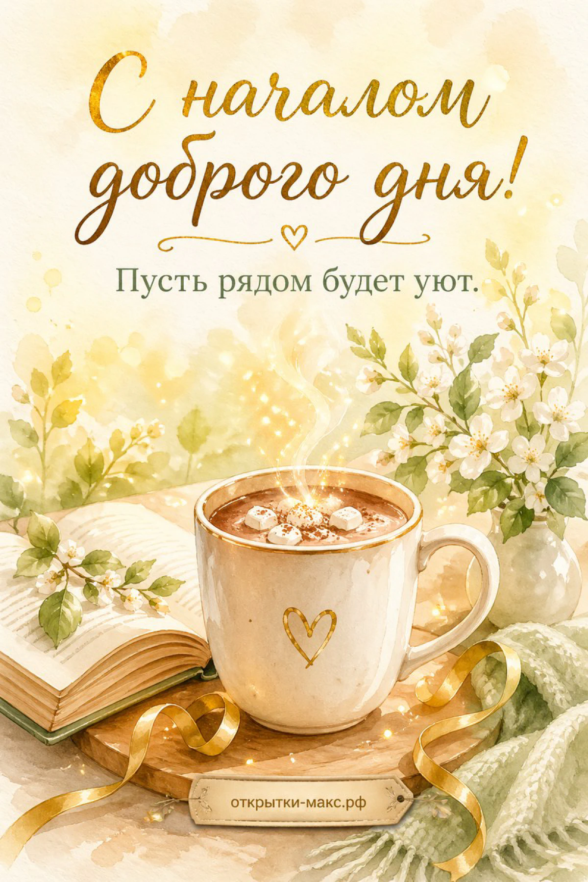 Кружка какао с маршмеллоу и сердечком на деревянной подставке рядом с книгой и цветами