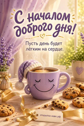 Фиолетовая кружка с улыбкой в вязаном колпаке среди печенья и лаванды на светлом фоне