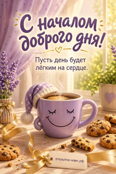 Фиолетовая кружка с улыбкой в вязаном колпаке среди печенья и лаванды на светлом фоне