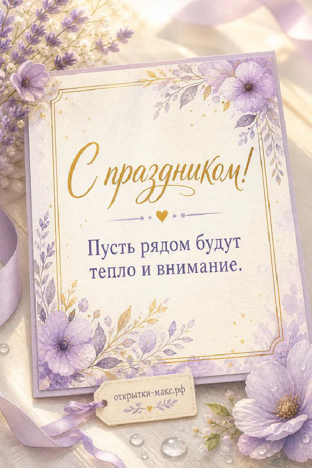 Акварельная открытка с розовым букетом роз на белой ткани с надписью С праздником — вариант 4