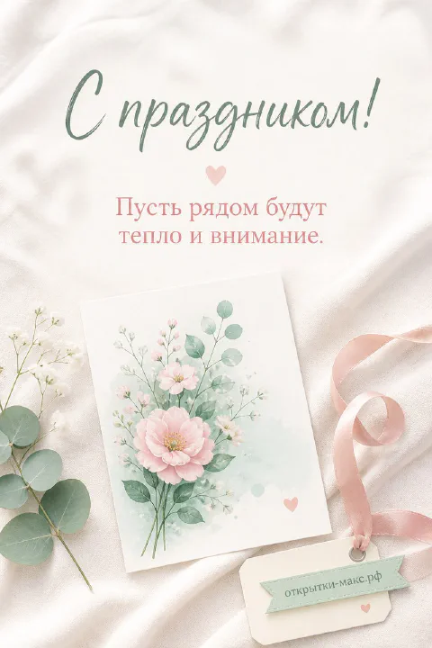 Акварельная открытка с розовым букетом роз на белой ткани с надписью С праздником