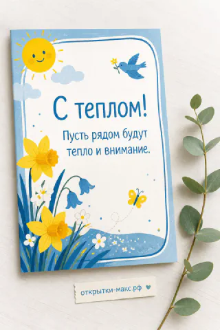 Открытка с нарциссами, колокольчиками, улыбающимся солнцем и синей птицей с надписью С теплом