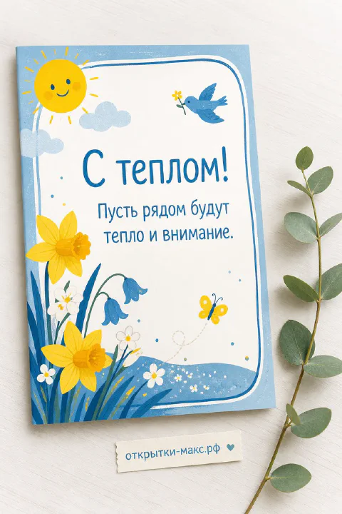 Открытка с нарциссами, колокольчиками, улыбающимся солнцем и синей птицей с надписью С теплом