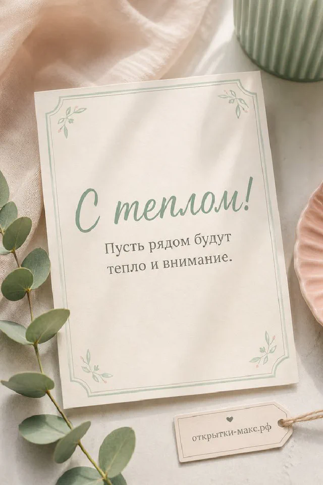 Открытка с нарциссами, колокольчиками, улыбающимся солнцем и синей птицей с надписью С теплом — вариант 2
