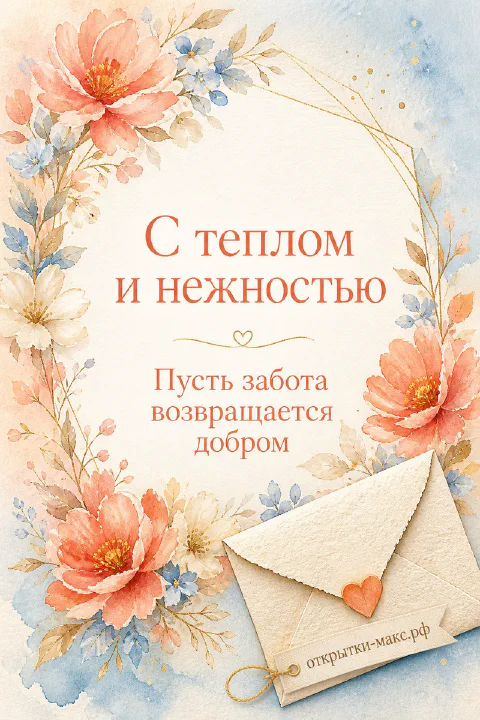 Акварельный конверт с сердечком среди розовых и персиковых цветов в золотой геометрической рамке