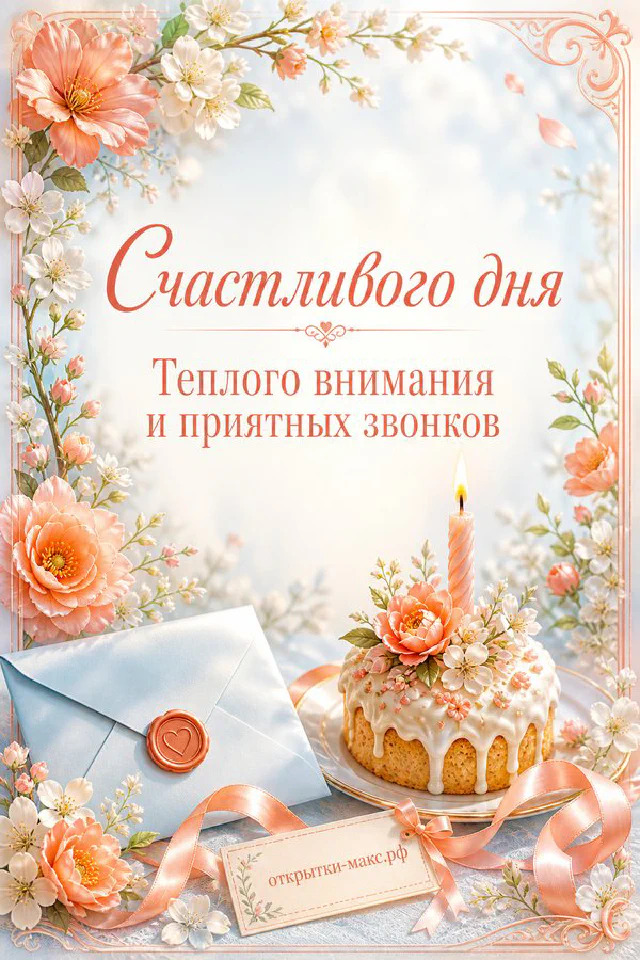 Нежная открытка счастливого дня с тортом со свечой, конвертом и розами в пастельно-персиковых тонах — вариант 2