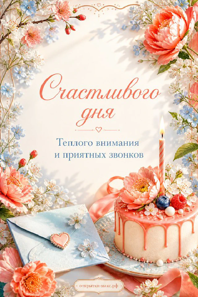 Нежная открытка счастливого дня с тортом со свечой, конвертом и розами в пастельно-персиковых тонах — вариант 4