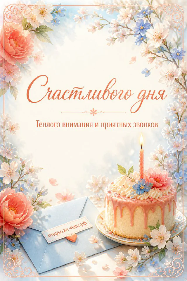 Нежная открытка счастливого дня с тортом со свечой, конвертом и розами в пастельно-персиковых тонах — вариант 6